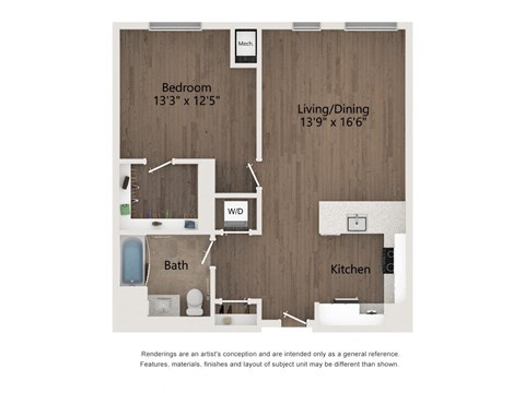 Floor plan for 1 bed, 1 bath, 770 sqft